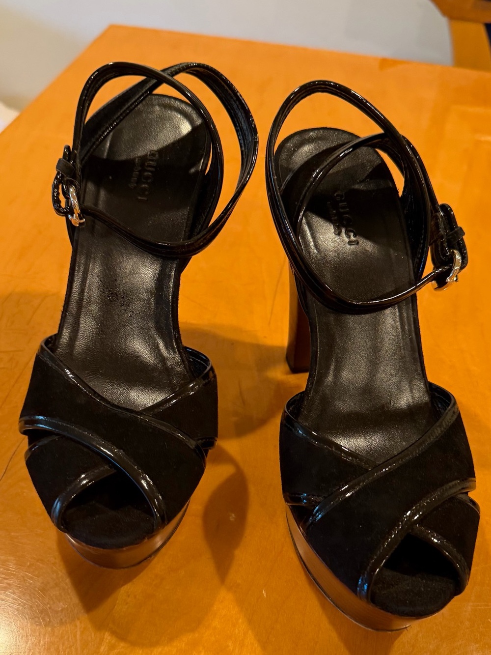 Gucci Black Patent & Suede Platform Sandals with Ankle Strap